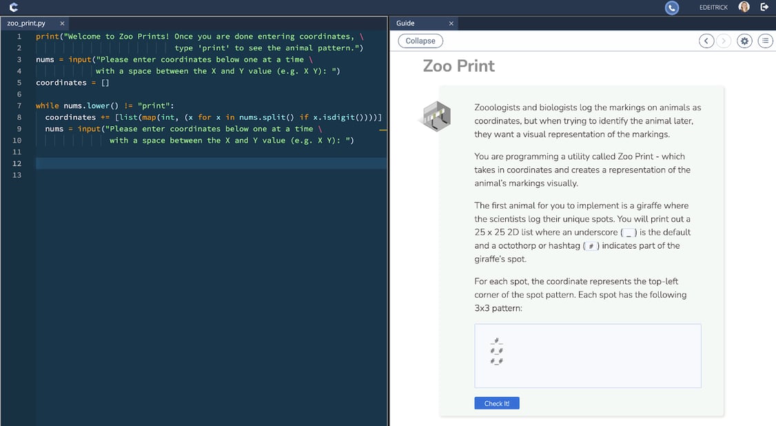 Preview of a parameterized assessment in Codio
